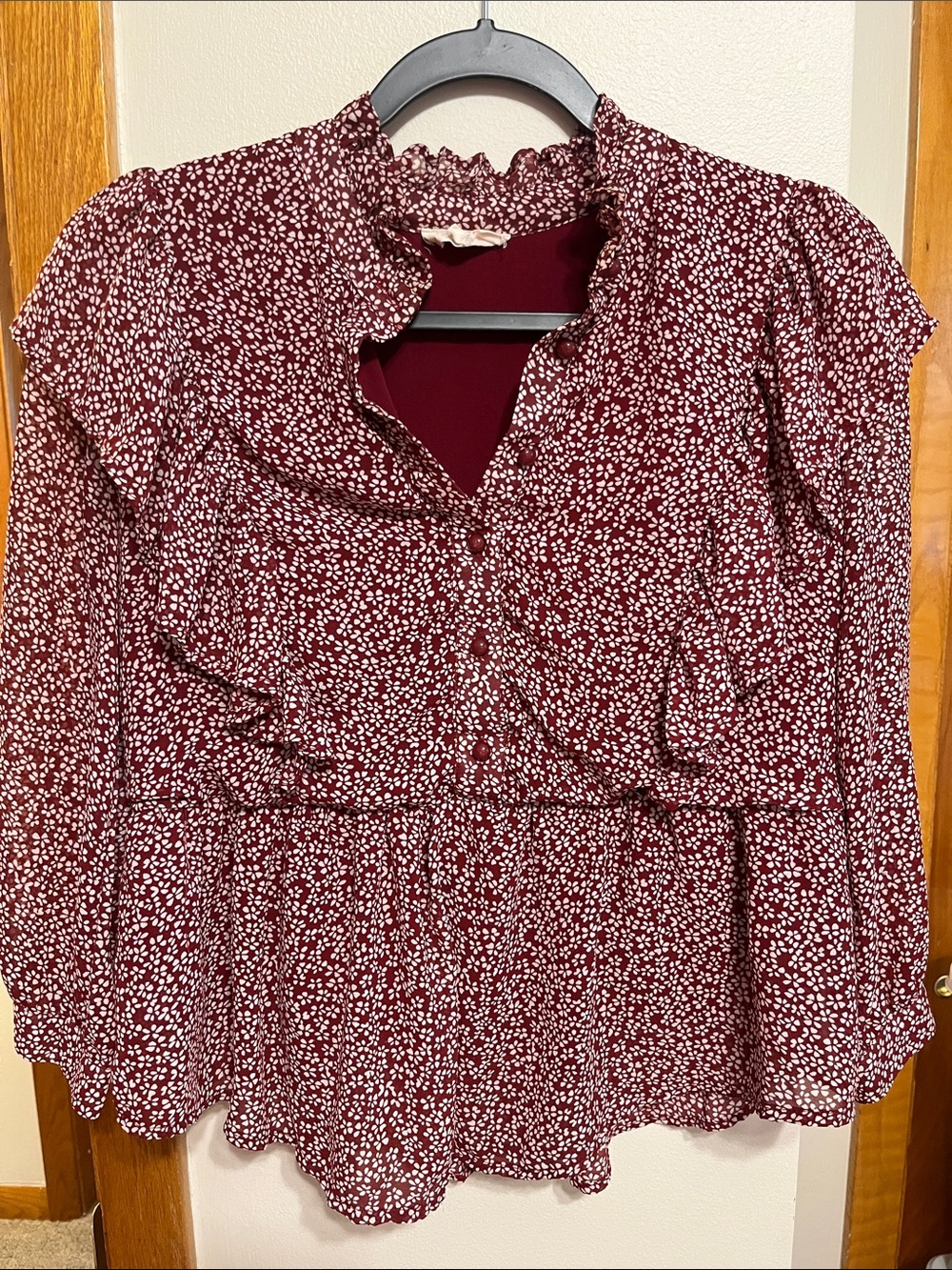 orange creek Burgundy Ditsy Floral Ruffle Peplum Blouse
